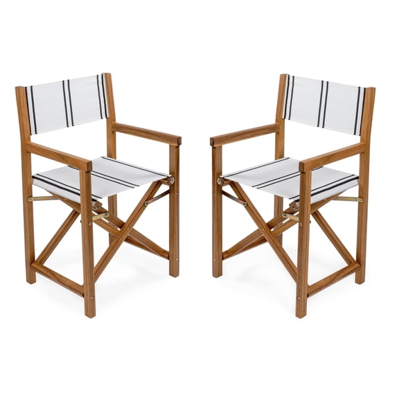 Cukor Classic Vintage Outdoor Acacia Wood Folding Director Chair with Canvas Seat, White/Black Stripe/Teak Brown (Set of 2)
