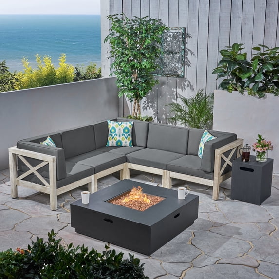 Noble House Culatra 5 Seater Sectional Sofa Set & Fire Pit Weathered/Dark Gray