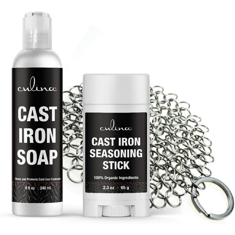 Culina Cast Iron Seasoning Stick & Soap Set &Stainless Scrubber All Natural Ingredients Best for Cleaning, Non-Stick Cooking