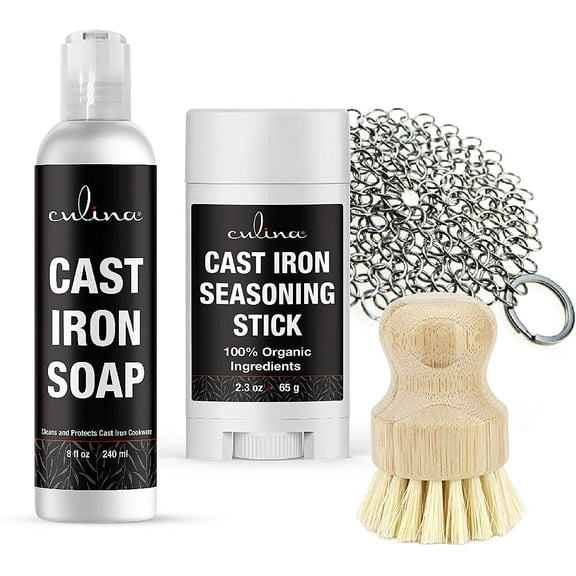 Culina Cast Iron Seasoning Stick & Soap & Stainless Scrubber & brush