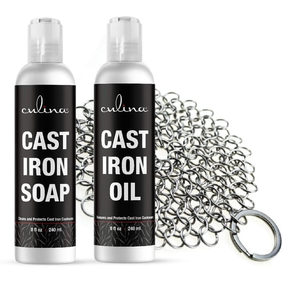 Culina Cast Iron Soap Set & Conditioning Oil & Stainless Scrubber | All Natural Ingredients | Best for Cleaning, Non-stick Cooking & Restoring | for Cast Iron Cookware, Skillets, Pans &