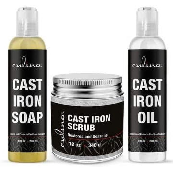 Culina Supreme Cast Iron Care Set:Restoring Scrub, Cleaning Soap & Conditioning Oil | Best for Cleaning Care, Washing & Restoring | 100% Plant-Based | for Cast Iron Cookware,Skillets,Pans & Grills!