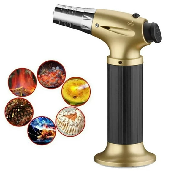 Culinary Butane Torch Blow Torch Lighter,Refillable Cooking Kitchen Torch with Safety Lock Adjustable Flame for BBQ,Creme Brulee,Baking,Cooking,Crafts,Cigar (Butane Gas not Included),Gold