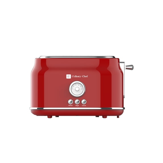 Culinary Chef Retro 2-Slice Toaster, 900W Stainless Steel with Adjustable Browning, Crumb Tray, and Reheat/Defrost Function - Red