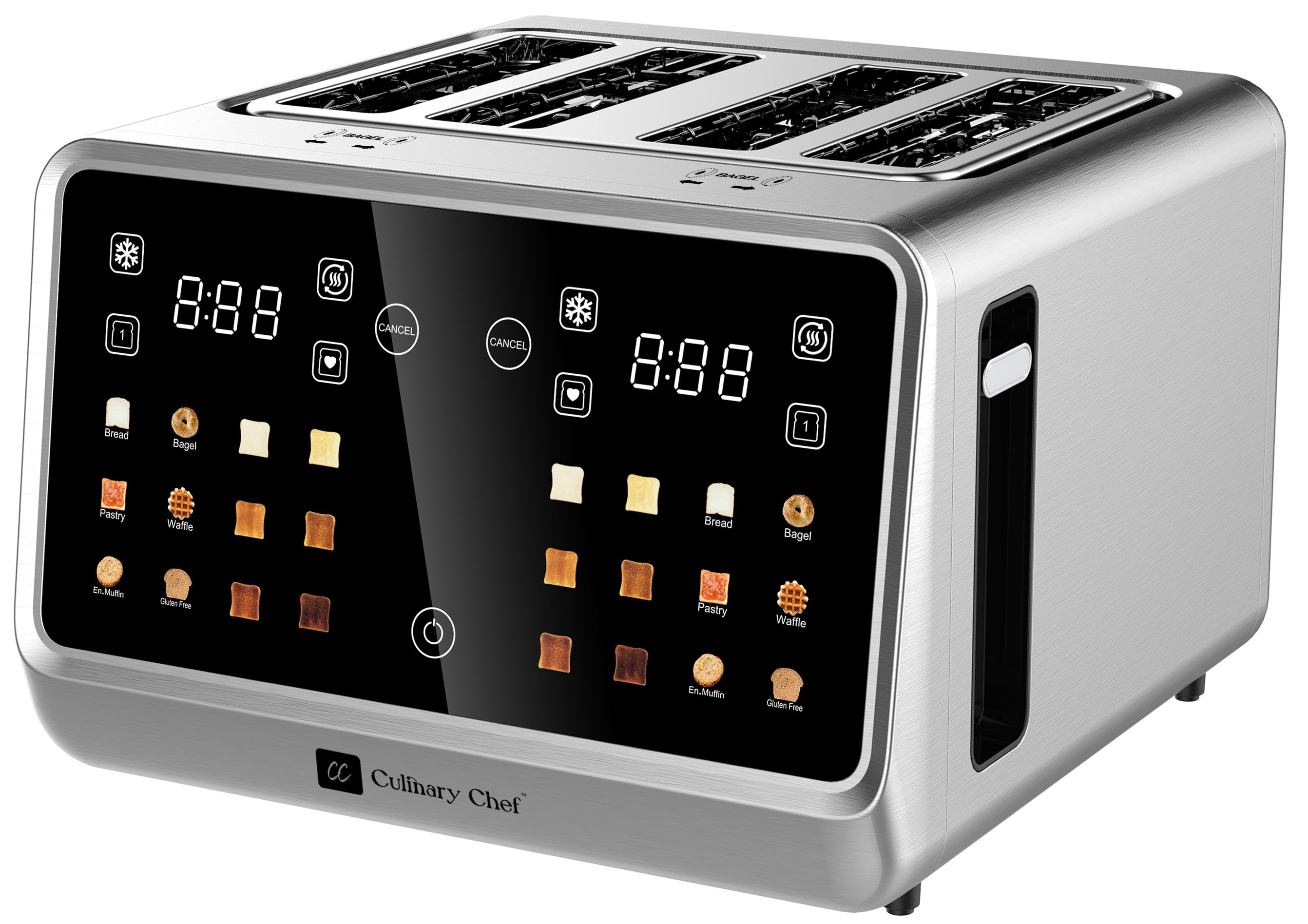 Culinary Chef 4 Slice Touchscreen Toaster, 1,800 Watt Dual Independent Toaster with Extra Wide Self-Centering Slots, Stainless Steel