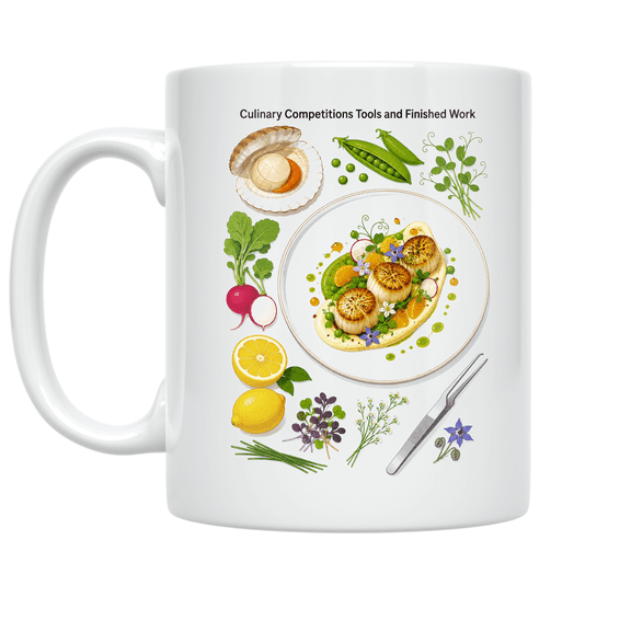 Culinary Competitions Tools and Finished Work Mug, Culinary Enthusiasts, Home Cooks, and Kitchen Decor Lovers, 11 oz White Ceramic