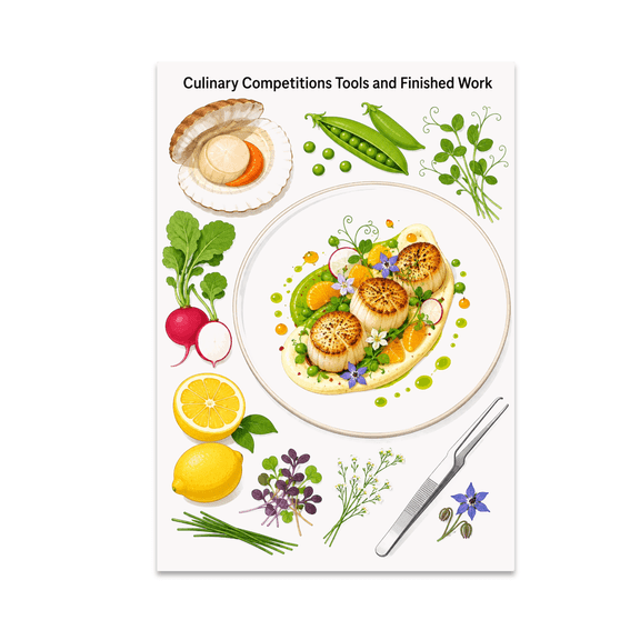 Culinary Competitions Tools and Results Poster, Kitchens, Food Enthusiasts, and Cooking Studios, 13x19 Glossy Paper