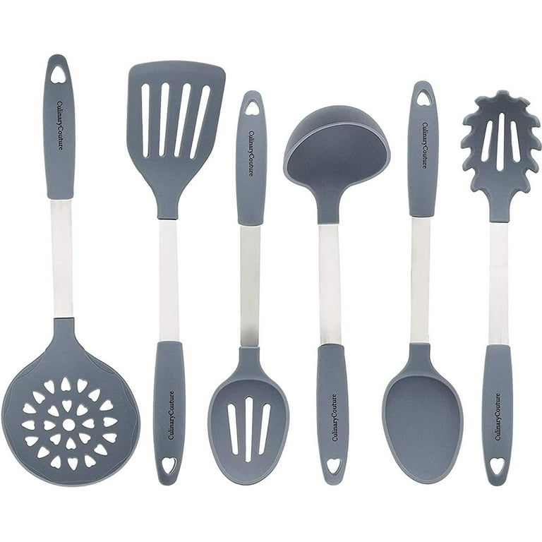Grey Kitchen Utensil Set - Stainless Steel & Silicone Heat Resistant Cooking