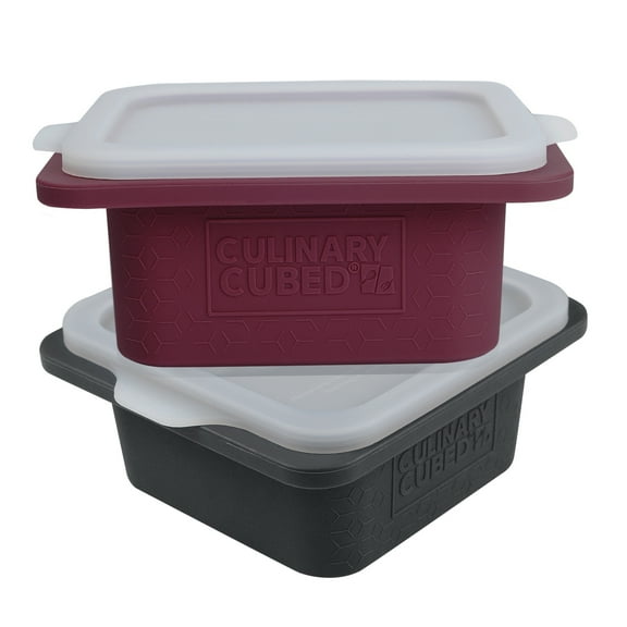 Culinary Cubed 1 Set (2 Pack)Purple+Gray 2-Cup Silicone Freezer Trays with Lid Meal Prep Containers Reusable Soup Freezer Molds Freeze and Store Soup Broth Sauce Leftovers