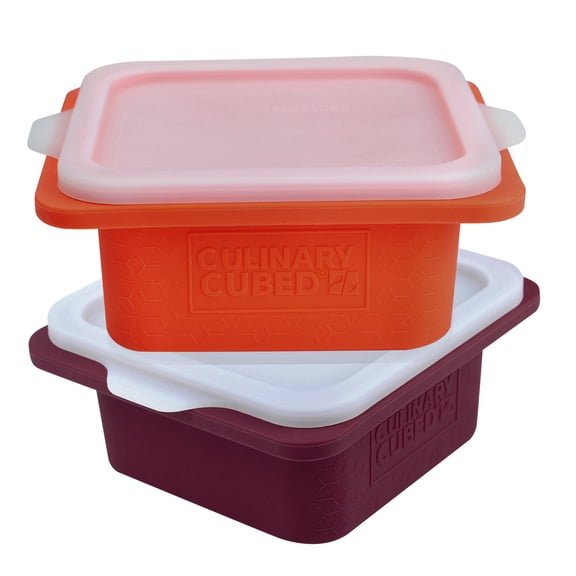 Culinary Cubed 1 Set(2 Pack) Purple+Orange 2-Cup Silicone Freezer Trays with Lid Meal Prep Containers Reusable Soup Freezer Molds Freeze and Store Soup Broth Sauce Leftovers