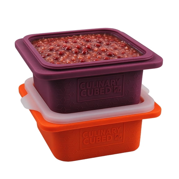 Culinary Cubed 2 Cup Silicone Freezer Tray with Lid, Silicone Freezer Mold with Steel Ring, 2-Pack Silicone Soup Cubes for Soup Broth Sauce Leftovers Oven Dishwasher Safe, BPA-Free