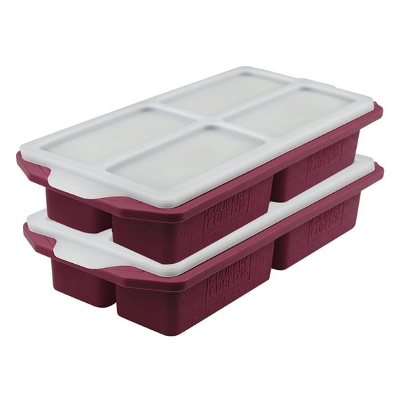 Culinary Cubed Silicone Freezer Trays with Lid 1-cup Soup Freezer Container large Ice Cube Molds with Reinforced Steel Ring Top for freezing Soup Sauce 1 Set 1-Cup Purple(2PC)