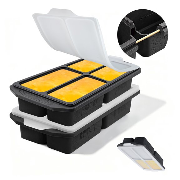 Culinary Cubed 1 Cup Silicone Freezer Tray with Lid, Silicone Freezer Mold with Steel Ring, 2-Pack Silicone Soup Cubes for Soup Broth Sauce Leftovers Oven Dishwasher Safe, BPA-Free