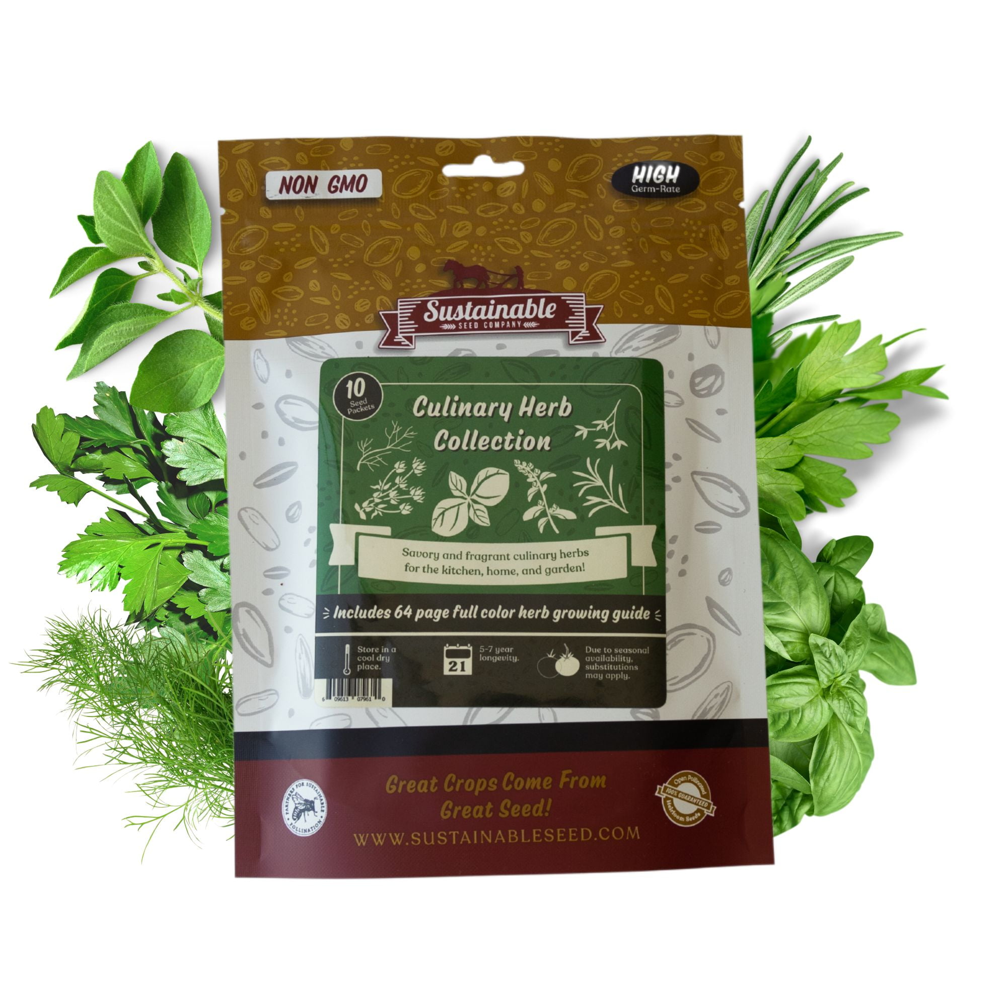 SUSTAINABLE SEED Culinary Herb Seed Collection - 100% NON-GMO, Easy-to Grow Heirloom Seeds - from a REAL Seed Company!