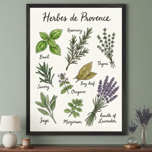 Culinary Herbs Botanical Wall Art, Herbes de Provence Print, Lavender Art, Unframed Paper Poster 8x10in