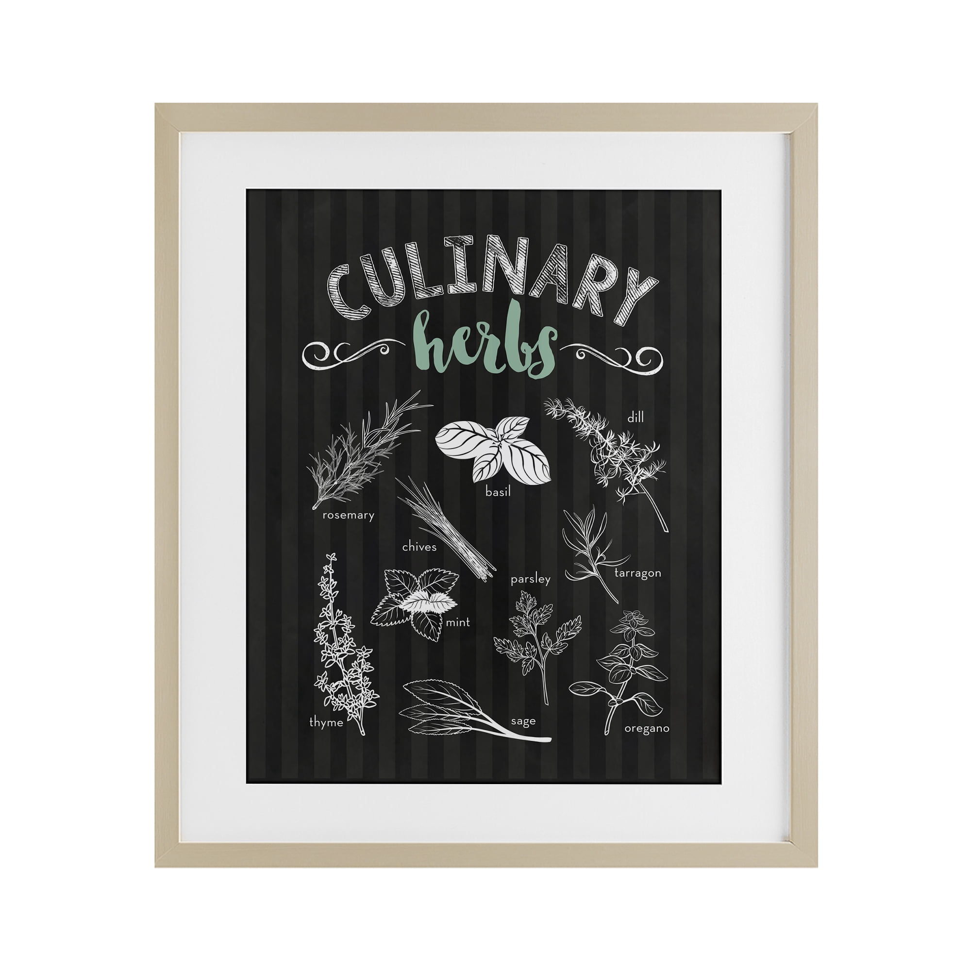 Culinary Herbs on Stripes Birch Framed Print Under Glass, design by Lettered and Lined