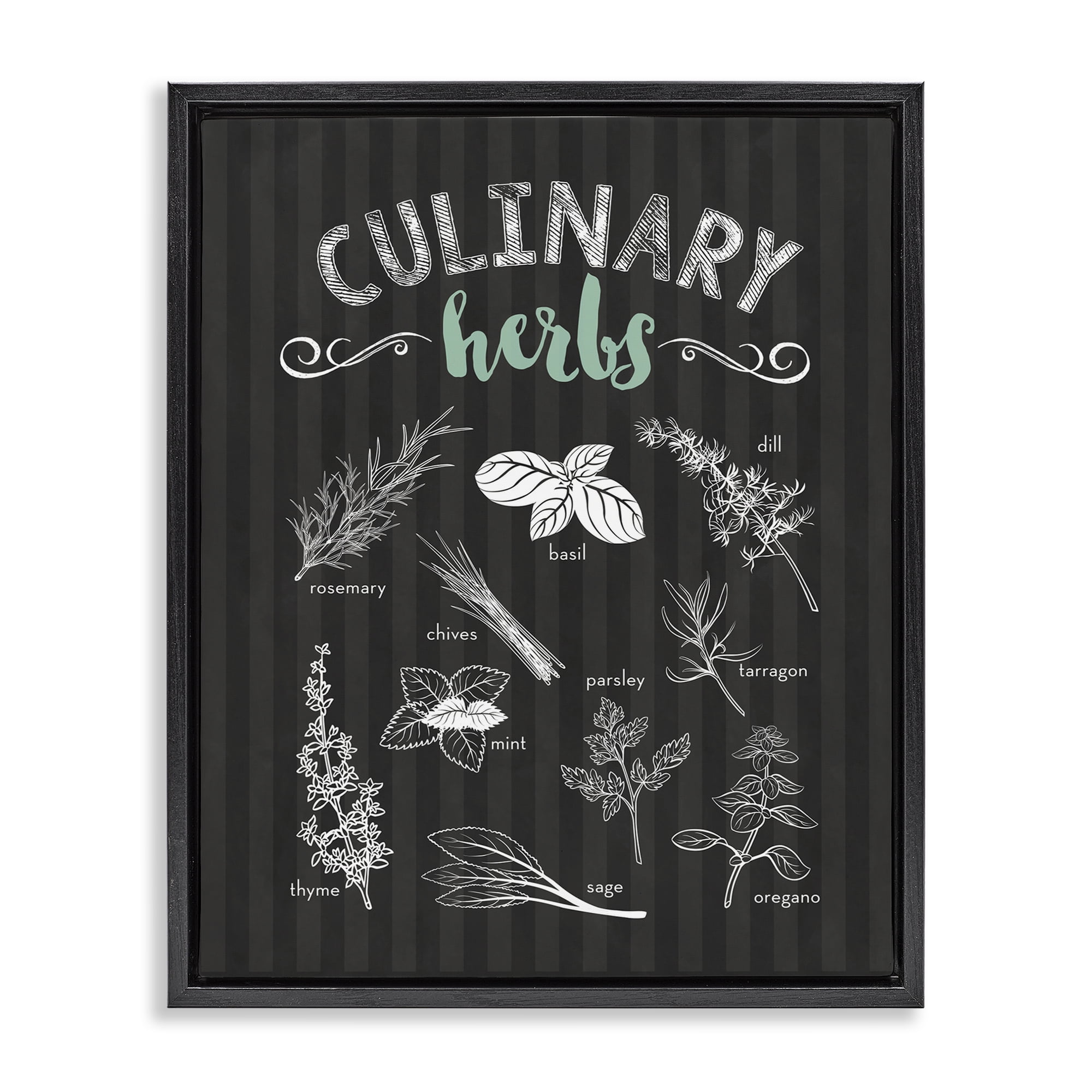Culinary Herbs on Stripes Black Framed Floater Canvas Wall Art, design by Lettered and Lined