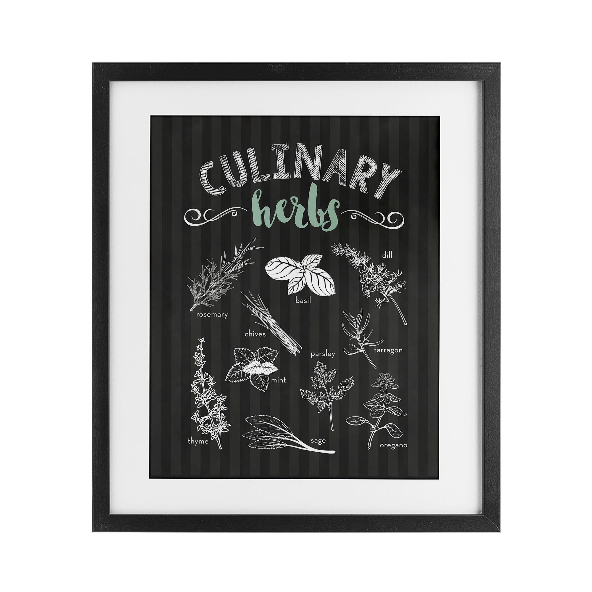 Culinary Herbs on Stripes Black Framed Print Under Glass, design by Lettered and Lined