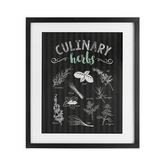 Culinary Herbs on Stripes Black Framed Print Under Glass, design by Lettered and Lined