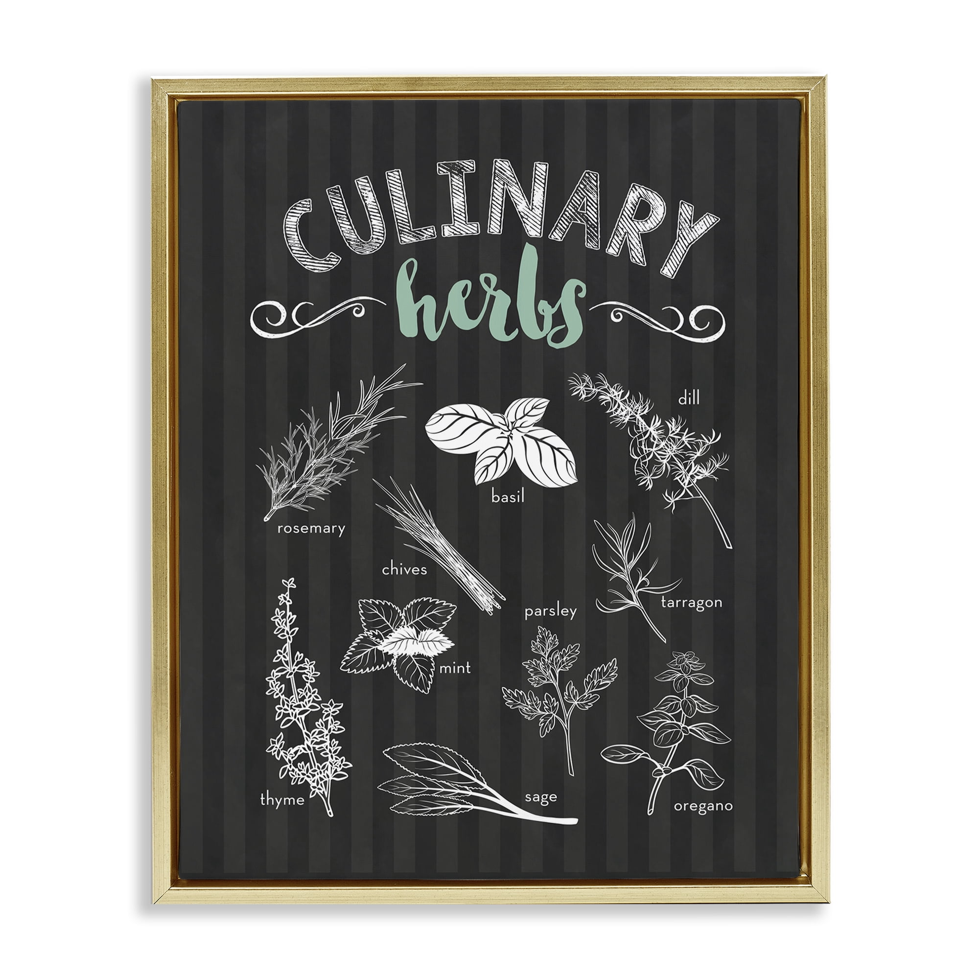 Culinary Herbs on Stripes Gold Framed Floater Canvas Wall Art, design by Lettered and Lined