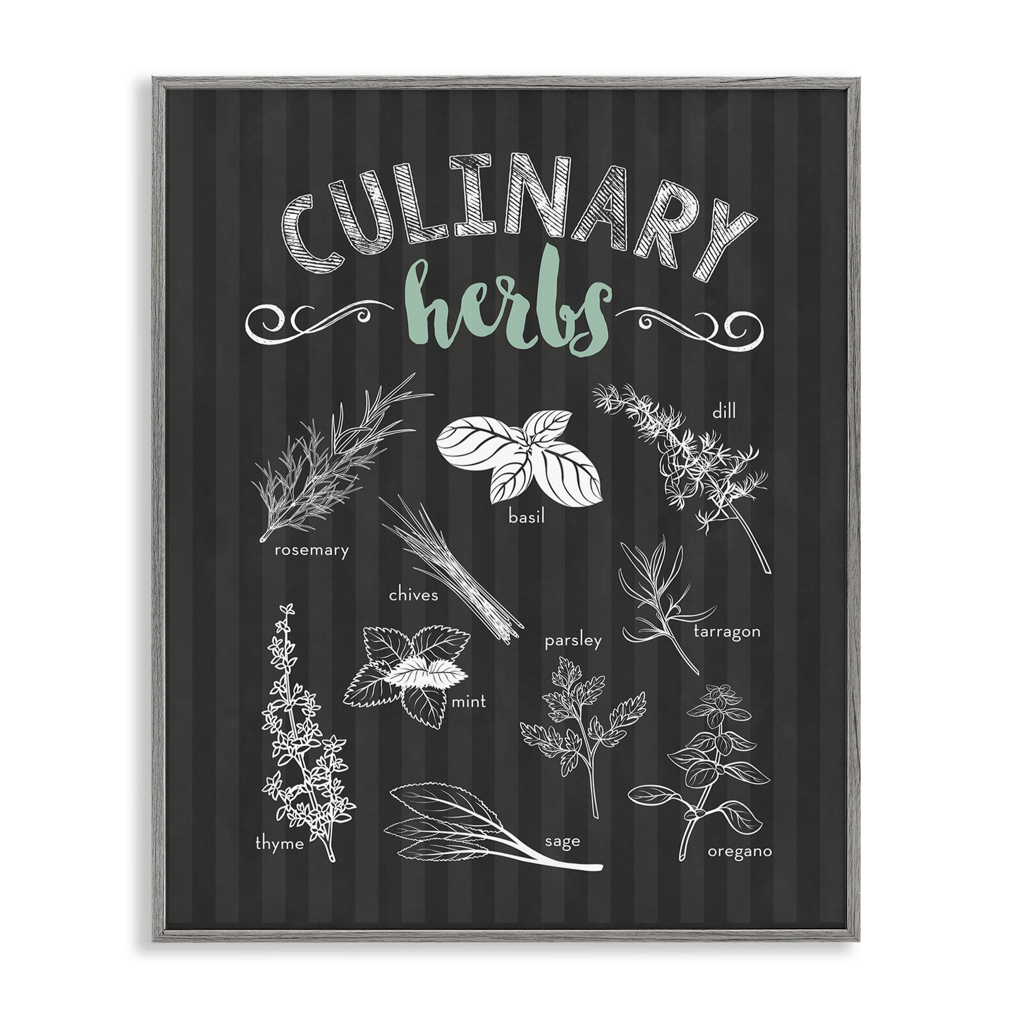 Culinary Herbs on Stripes Gray Framed Giclee Art, design by Lettered and Lined