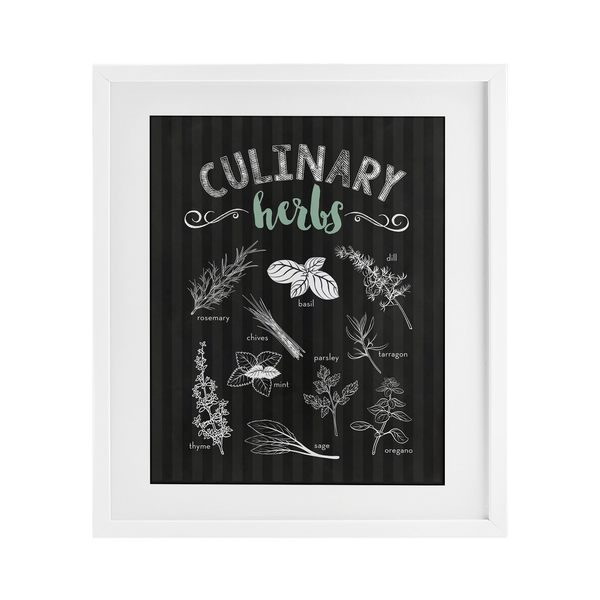 Culinary Herbs on Stripes White Framed Print Under Glass, design by Lettered and Lined