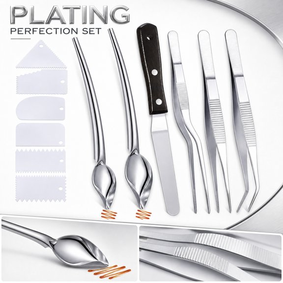 Culinary Plating Art Tool Kit, Kitchen Utensils Set Stainless Steel, Tweezers, Cooking Spoon, Kitchen Tool Set, 12-Piece Heavy Duty Stainless Steel Set Including Precision