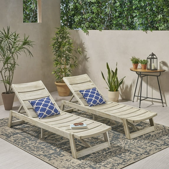 Cullen Outdoor Wood and Iron Chaise Lounges, Set of 2, Light Gray and Gray