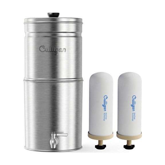 Culligan MaxClear 3 Gallon Gravity Water Filter System, Removes Microplastics, PFAS & Lead, NSF/ANSI Certified, Brushed Stainless-Steel Countertop Filter with 2 Ceramic Filters