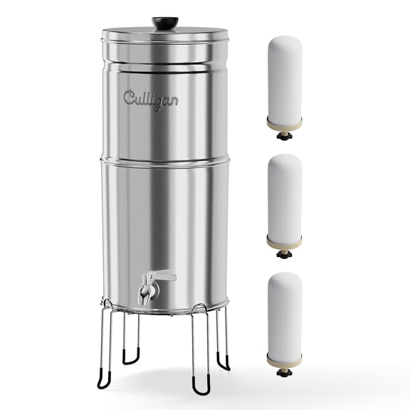 Culligan with MaxClear Technology 3 Gallon Gravity Water Filter System, Polished Countertop Ceramic Water Filter NSF/ANSI Certified to Reduce Lead, Microplastics & Total PFAS, with 3 Filters