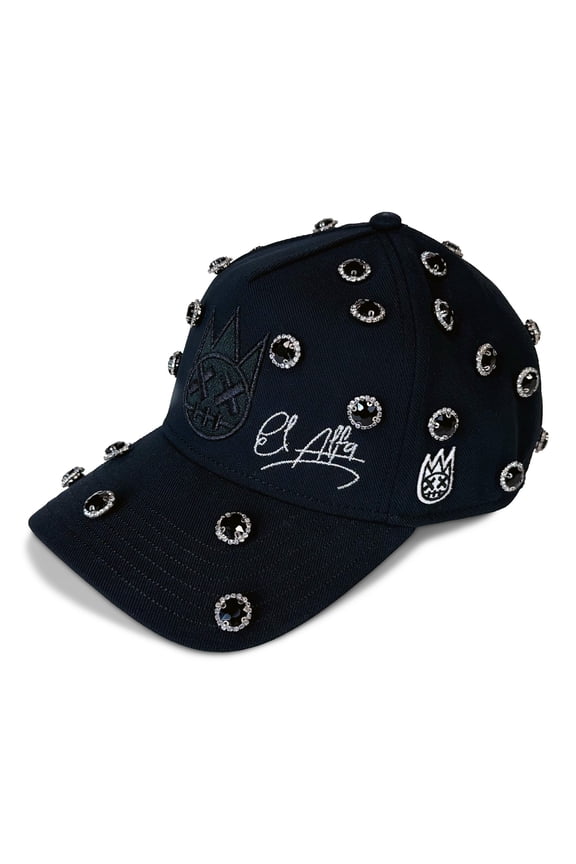 X El Alfa Logo Crystal 5 Panel A Frame Snapback Hat (One Size, Black)