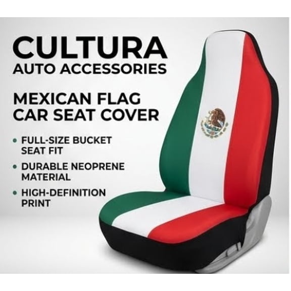 Cultura Auto Accessories Mexican Flag Green, White, Red, Neoprene, Full-Size Bucket Seat Fit, High-Definition Print, Car Seat Covers, 1 Piece