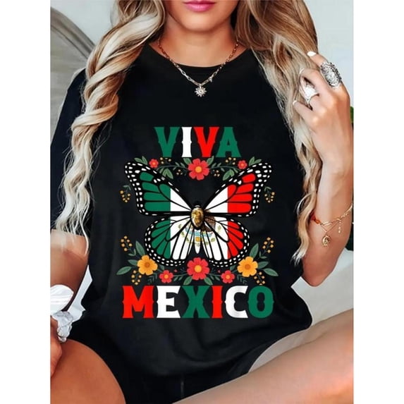 Cultural Celebration Mexican Graphic Tee, Tops Has "VIVA MEXICO" & Flag - Inspired Butterfly Wings Design, Round Neck Regular Fit T-shirts, Size(S-5XL)