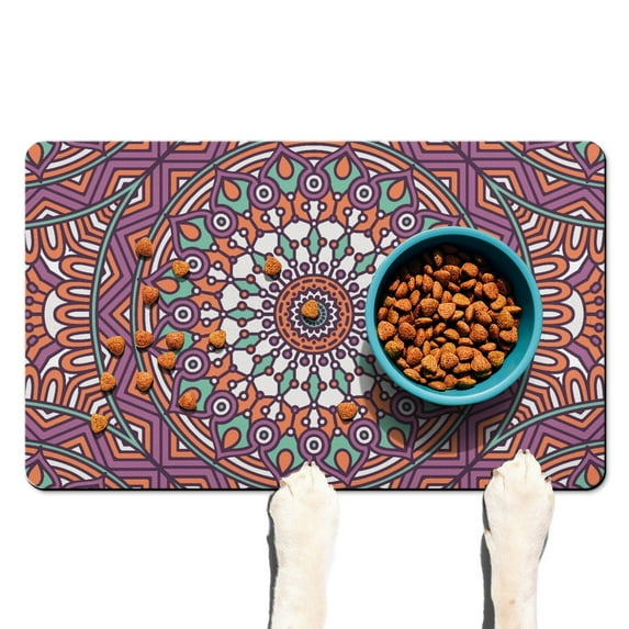 Cultural Fusion Mandala Pet Mat - Non-Slip Food/Water Catcher with Artistic Geometric Patterns, Soft Yet Sturdy Layered Design