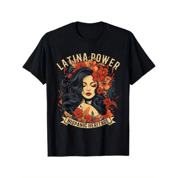 Cultural Graphic Tee, Tops Has Centered "LATINA POWER" & Floral Latina - Ribbon Design, Round Neck Regular Fit T - shirts, Size(S - 5XL)