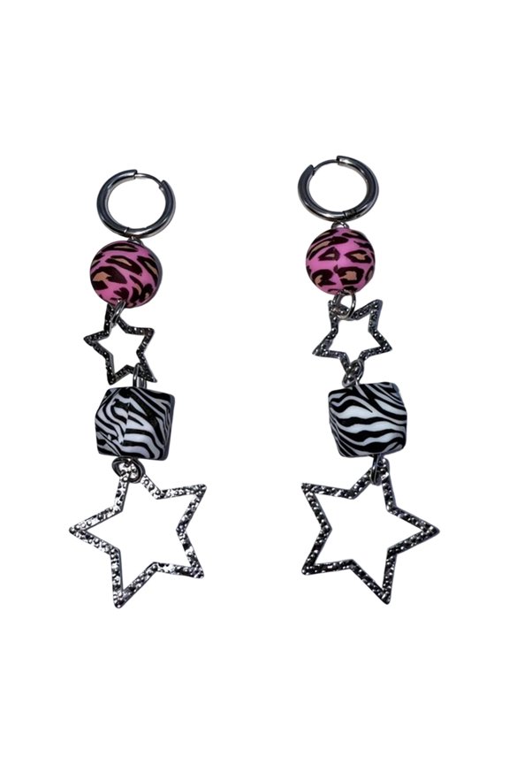 Cultural Inspired Women's Dangle Earrings Featuring Star and Dices Design with Zebras Leopard Print in Lovely Goth Punk styles