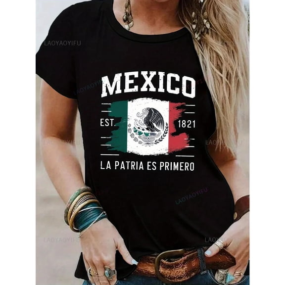 Cultural Mexico - Themed Graphic Tee,Tops Has "MEXICO EST. 1821 LA PATRIA ES PRIMERO" Text with Mexican Flag & Coat of Arms Designs, Round Neck Regular Fit T - shirts, Size(S - 5XL)