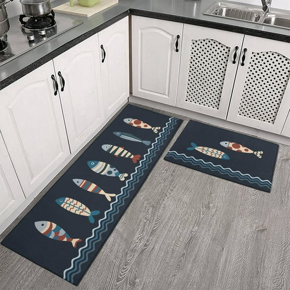 Culturalnav Fish Kitchen Mat Set of 2 Non Slip Kitchen Runner Rug Throw Rugs Indoor/Outdoor Floor Mat for Home Kitchen-17*24 + 17*47 inches