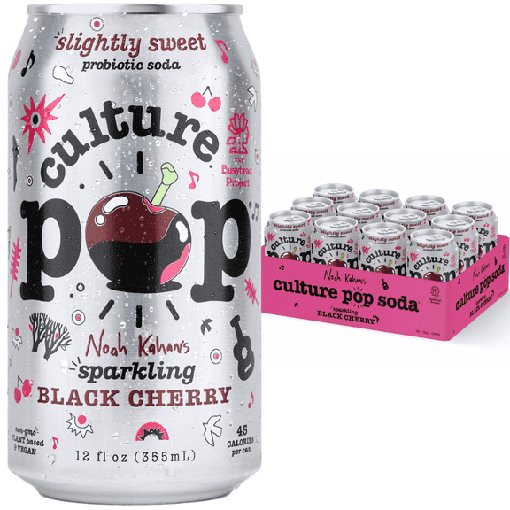 Noah Kahan's Sparkling Black Cherry Culture Pop Soda, Probiotic Drink, 12 Pack, 12 Fl Oz Cans