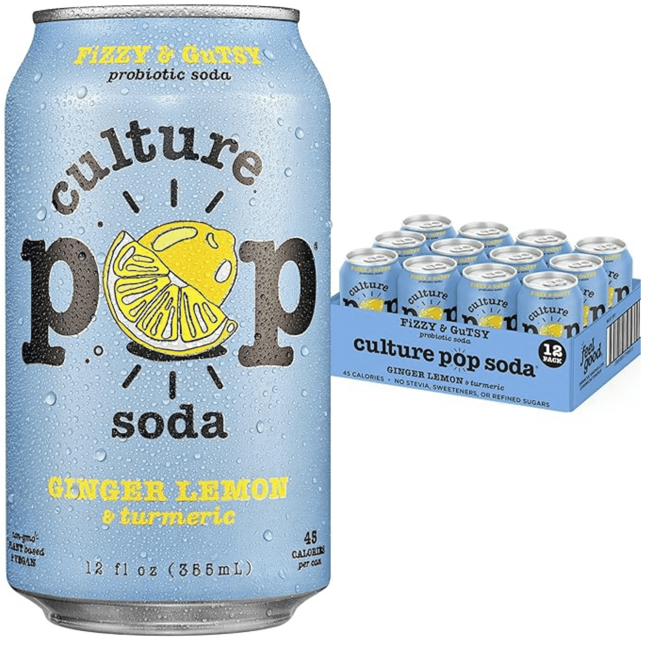Culture Pop Soda Sparkling Probiotic Drink, Ginger Lemon, 12 Pack, 12 Fl Oz Cans