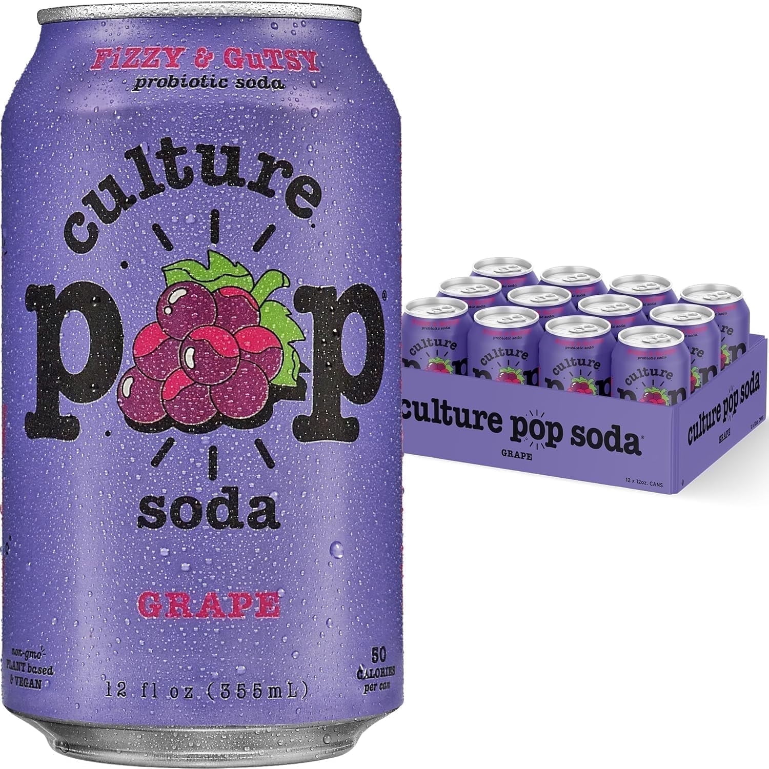Culture Pop, Soda Sparkling Probiotic Drink, Grape, 12 Fl Oz Cans