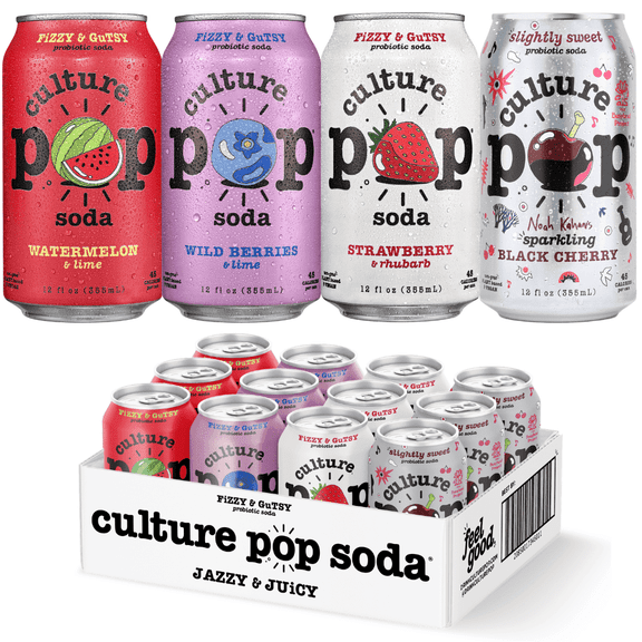Culture Pop Soda Sparkling Probiotic Drink, Jazzy & Juicy Variety, 12 Pack, 12 Fl Oz Cans