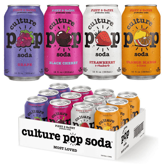 Culture Pop Soda Sparkling Probiotic Drink, Most Loved Variety Pack, 12 Pack, 12 Fl Oz Cans
