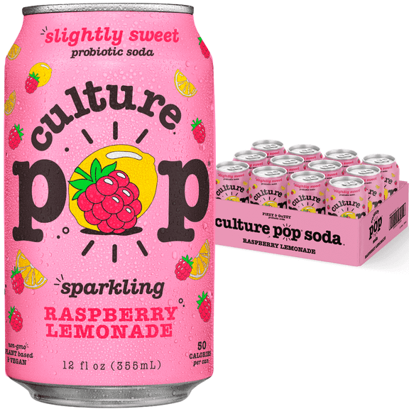Culture Pop Soda Sparkling Raspberry Lemonade Probiotic Drink, 12 Pack, 12 Fl Oz Cans