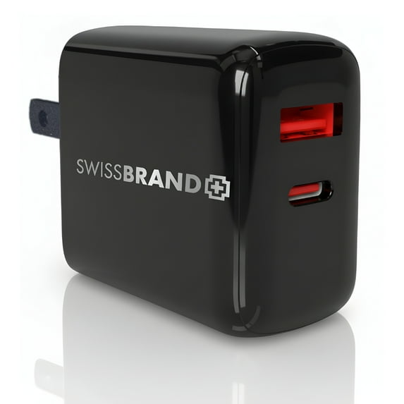 CultureFly Swissbrand 30W USB-C PD Wall Charger with Dual Ports, Fast Charging Adapter for iPhone, Samsung, Google, and More – Black