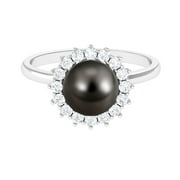 ARISHA JEWELS Cultured Black Pearl Ring for Women with Diamond Halo, AAA Quality, 925 Sterling Silver, US 4.00