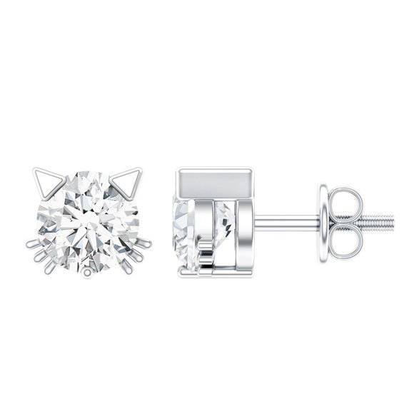 Rosec Jewels Lab Grown Diamond Cat Stud Earrings - Hello Kitty Earrings with Screw on Backs, 18K White Gold