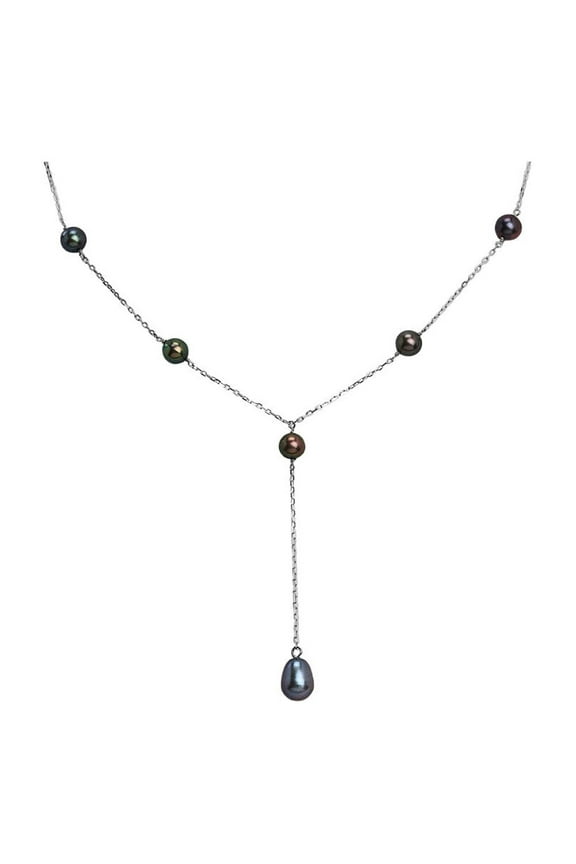 Cultured Freshwater Black Pearl Lariat Necklace in Sterling Silver 16 Inches