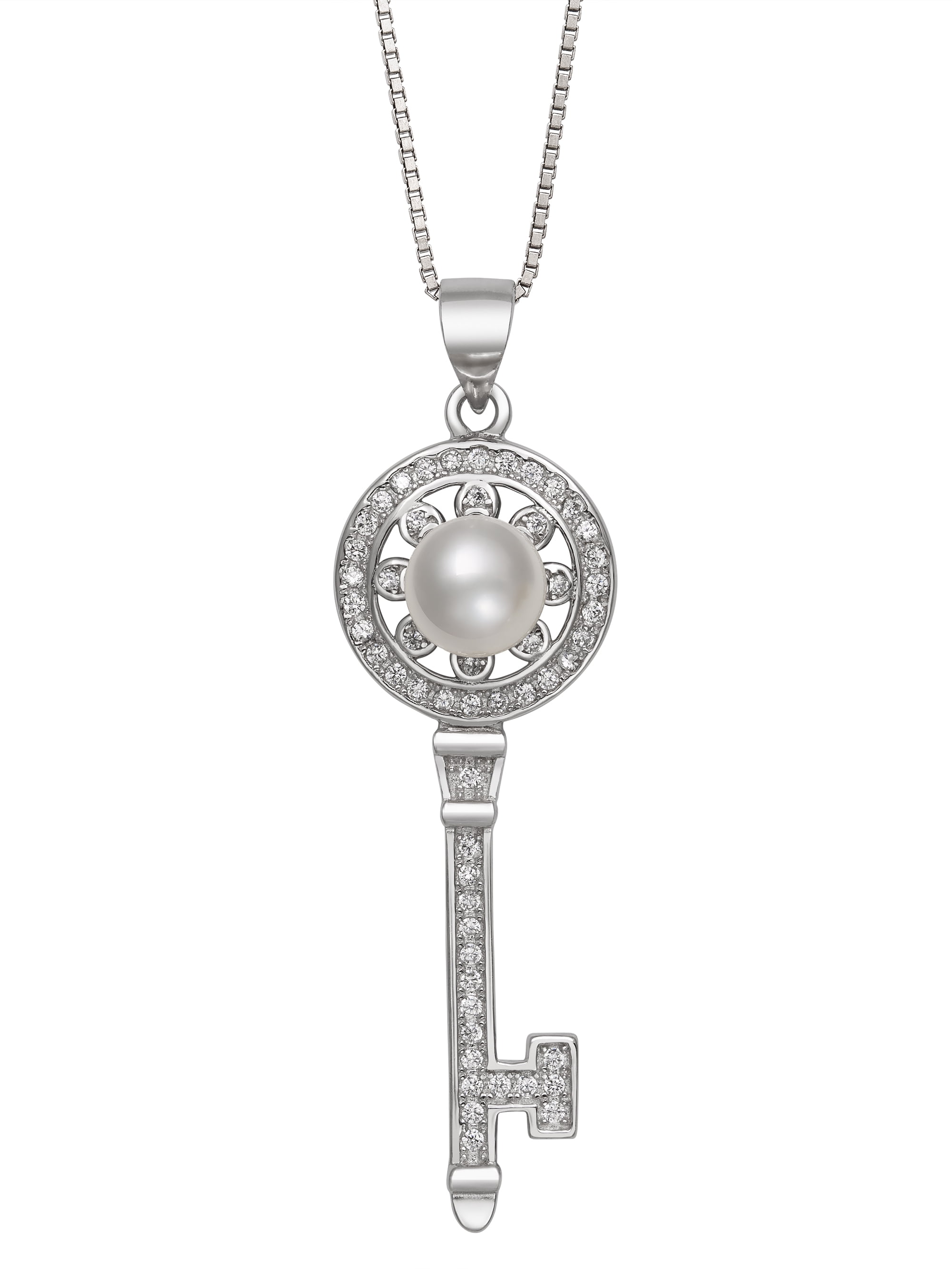 PEARLZZZ Cultured Freshwater Pearl & Cubic Zirconia Key Pendant, 18? Box Chain