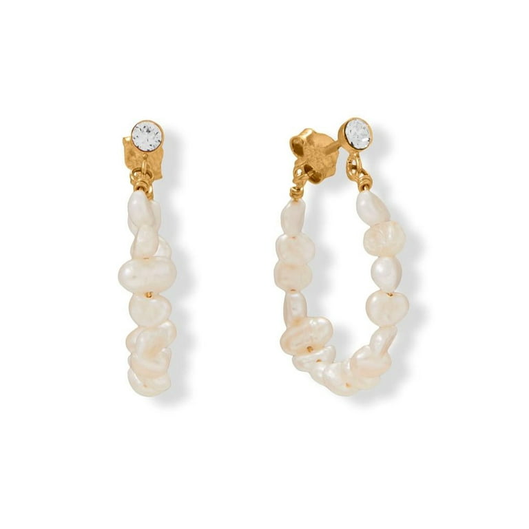 Cultured Freshwater Pearl Hoop Earrings with Crystal Post 14k Gold-Plated Silver Cultured Freshwater Pearl Hoop Earrings with Crystal Post 14k Gold-Plated Silver